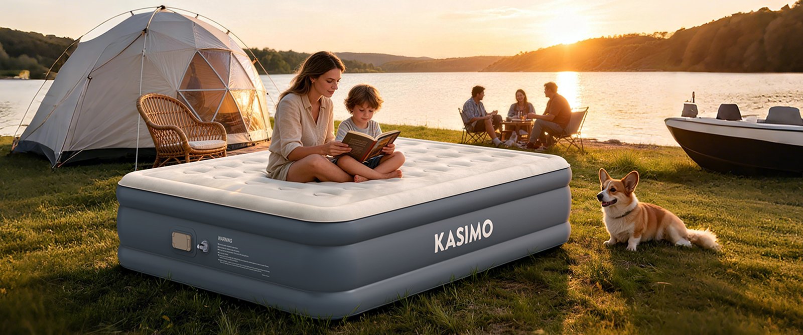 Relaxing with a KASIMO air mattress at a lakeside campsite