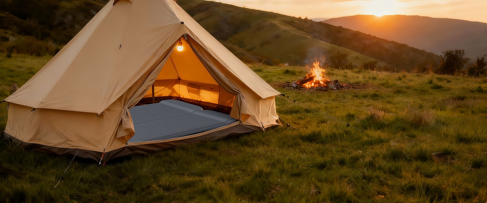 A KASIMO sleeping pad inside a tent overlooking the hills at sunset