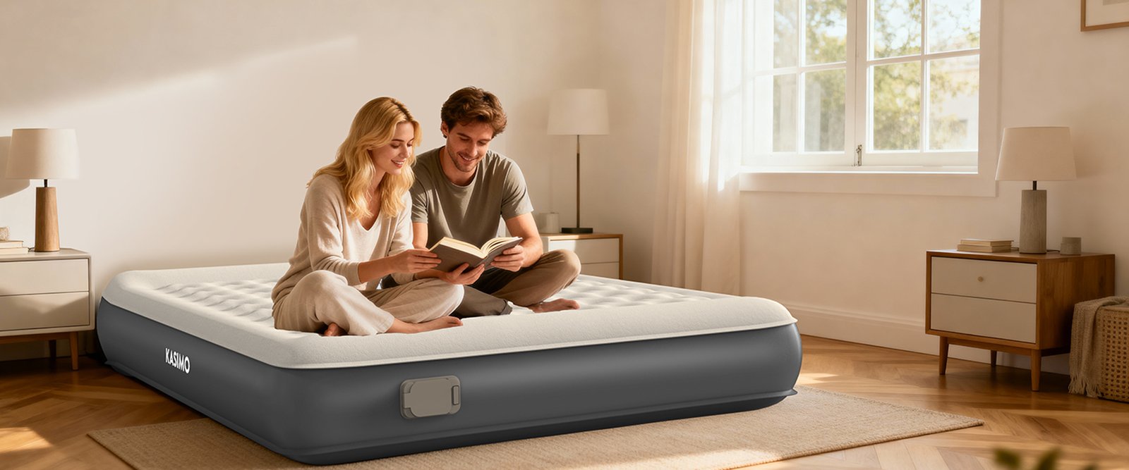KASIMO air mattress in a warm, sunlit living room